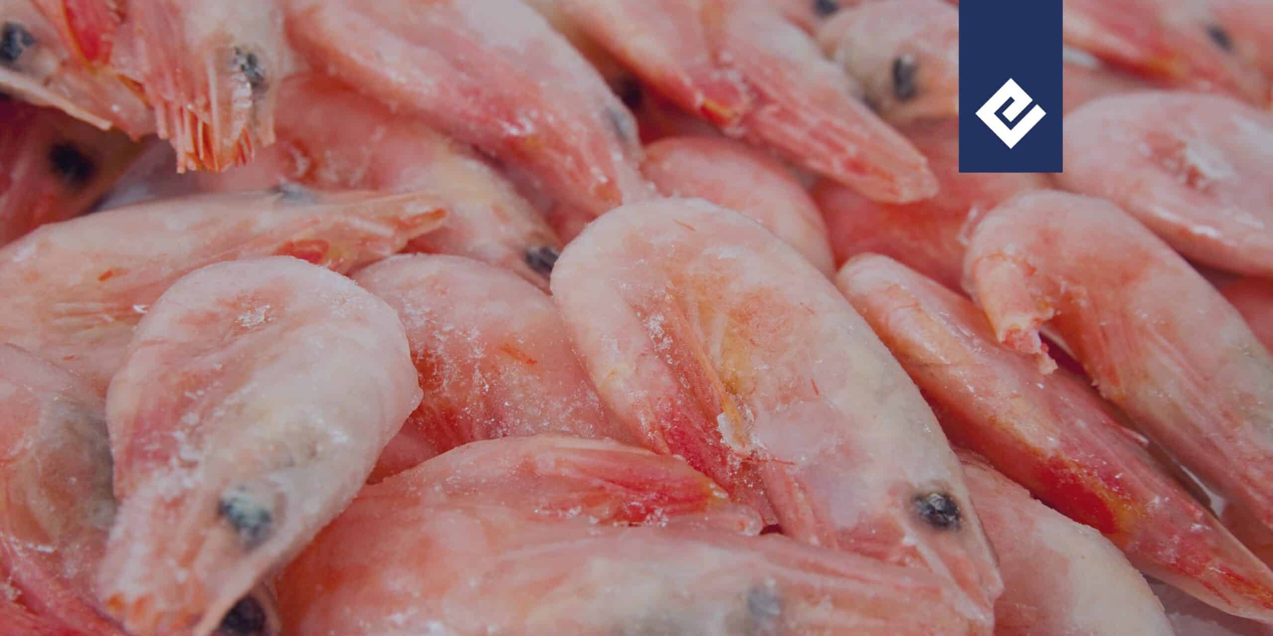 camarones congelados con el logo de emergent cold latam por encima